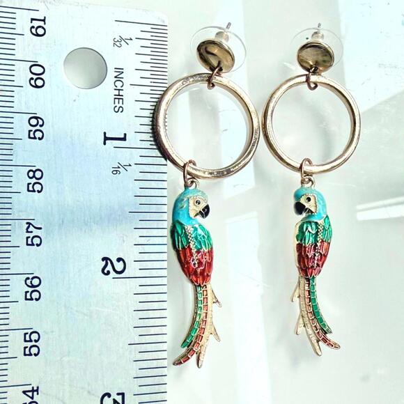 Y2K Tropical Enamel Parrot Drop Earrings Gold Hoop 2.75” Statement - Picture 5 of 6